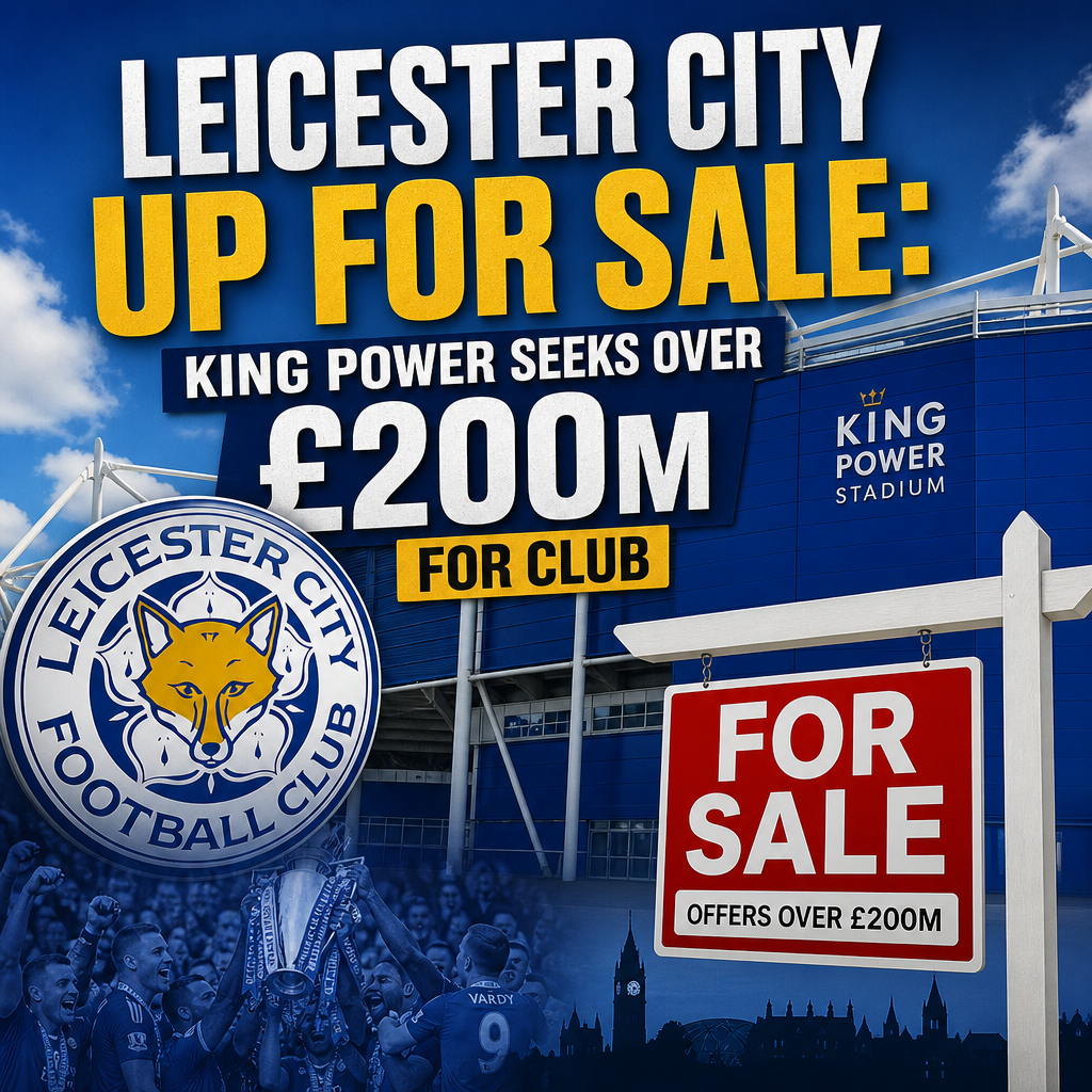 Leicester City Football Club stadium with King Power signage, symbolizing the club's sale valued over £200 million.
