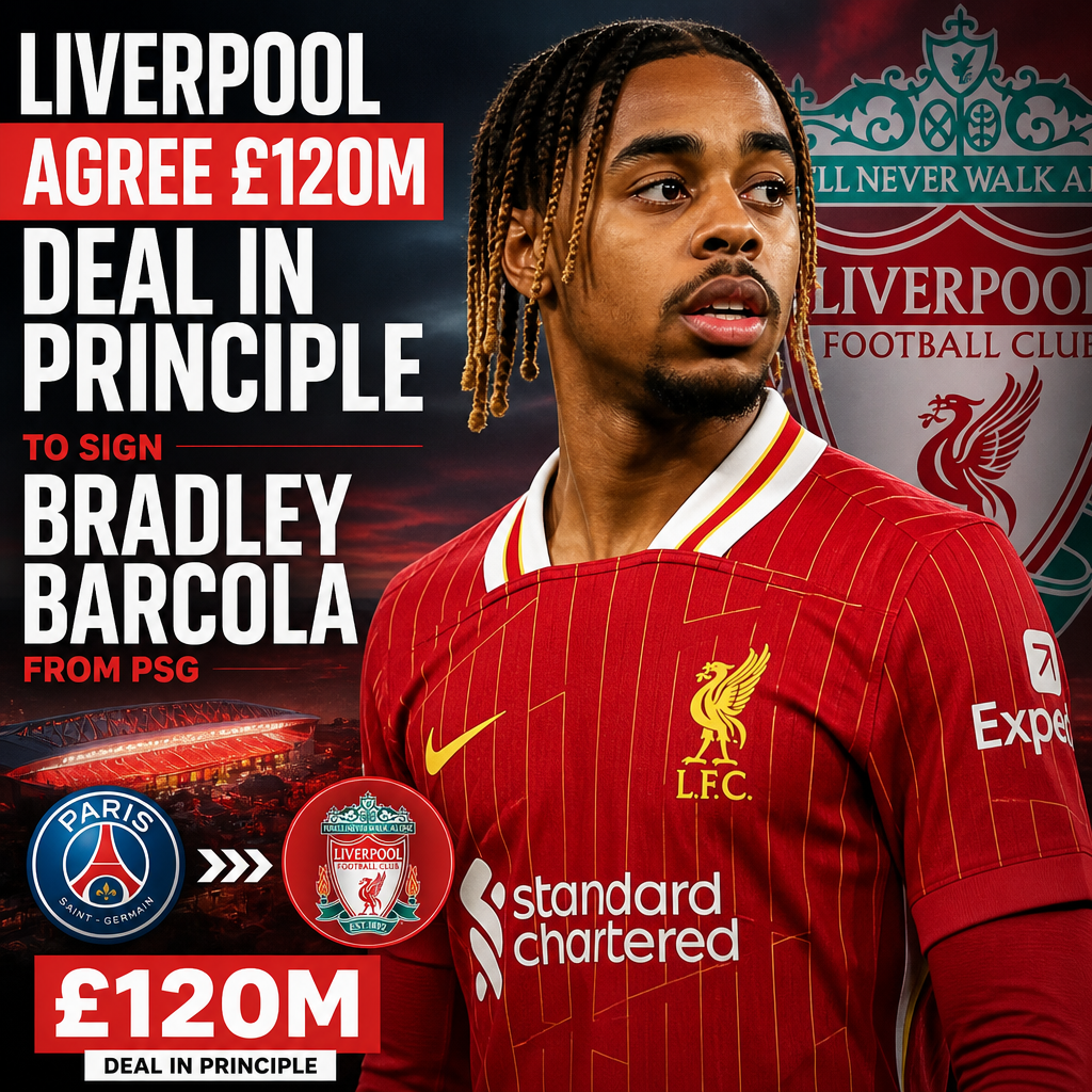Liverpool and PSG logos with Bradley Barcola in the center, highlighting a £120 million transfer deal in principle.