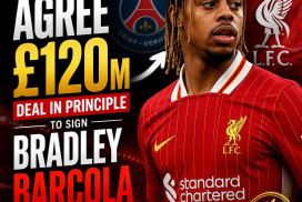 Bradley Barcola in PSG kit with Liverpool logos and £120 million transfer text in background.