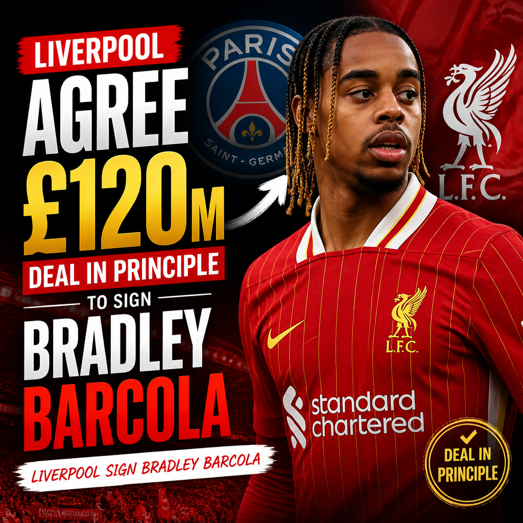 Bradley Barcola in PSG kit with Liverpool logos and £120 million transfer text in background.