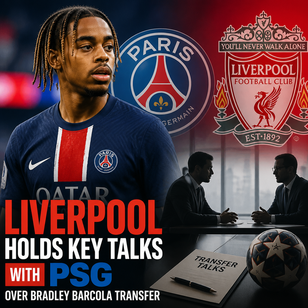 Liverpool and PSG representatives in a meeting room discussing Bradley Barcola's transfer details.