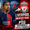 Liverpool and PSG executives in a meeting room discussing Bradley Barcola's potential transfer.
