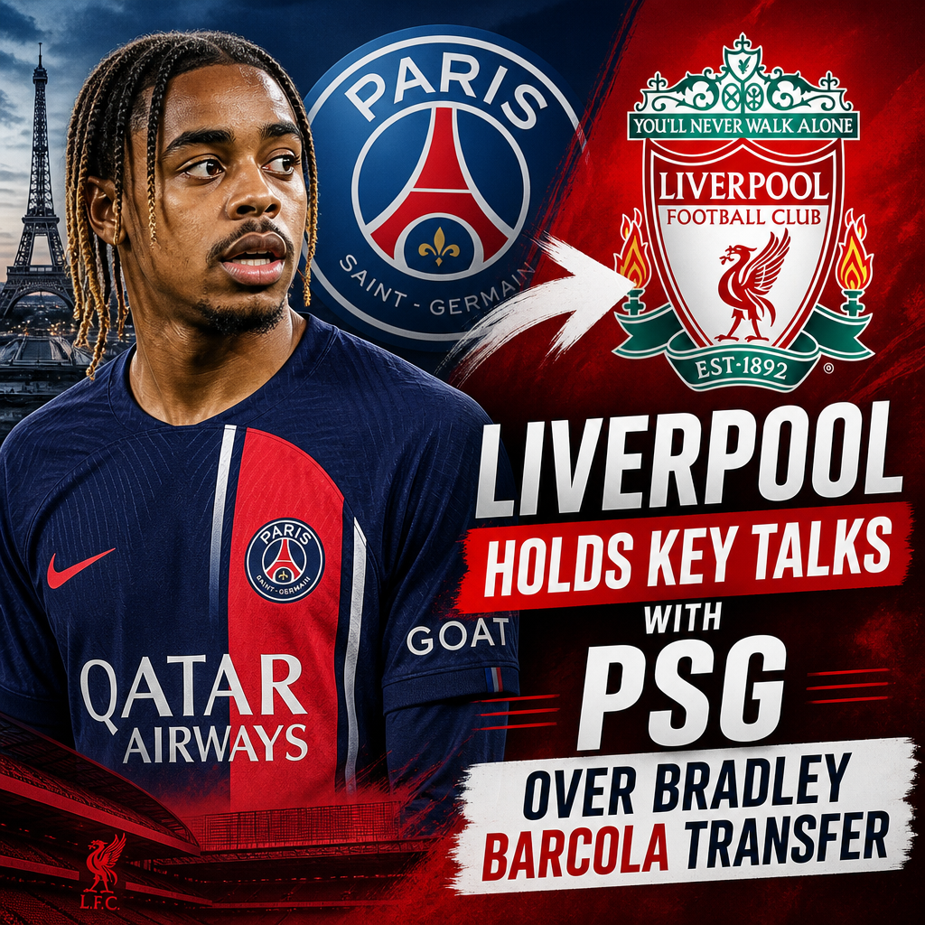 Liverpool and PSG executives in a meeting room discussing Bradley Barcola's potential transfer.