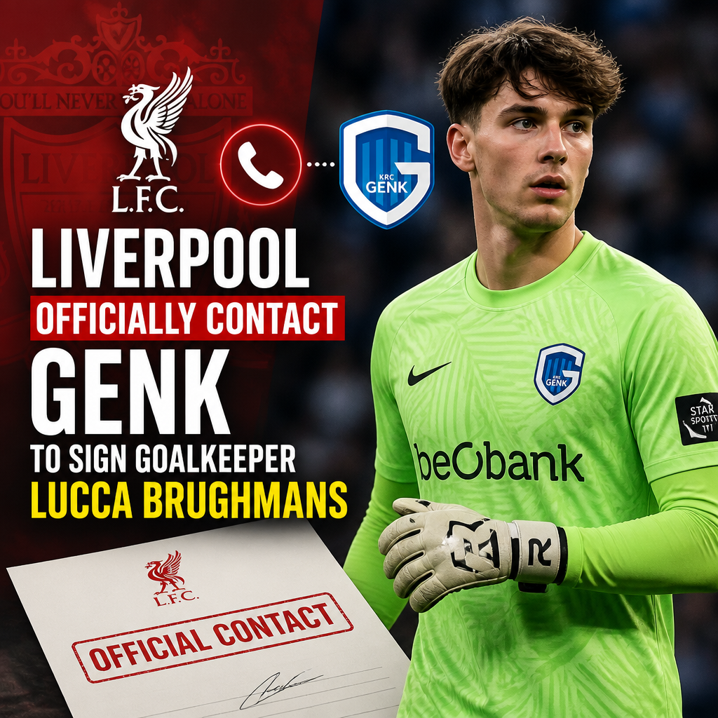 Liverpool officials in a meeting room discussing goalkeeper Lucca Brughmans’ transfer from Genk.