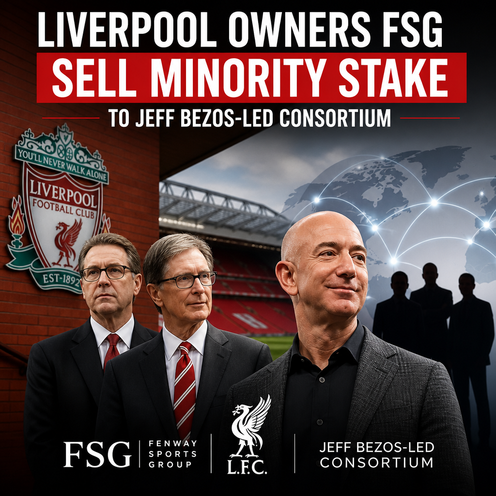 Liverpool owners Fenway Sports Group shaking hands with Jeff Bezos representatives after minority stake sale.