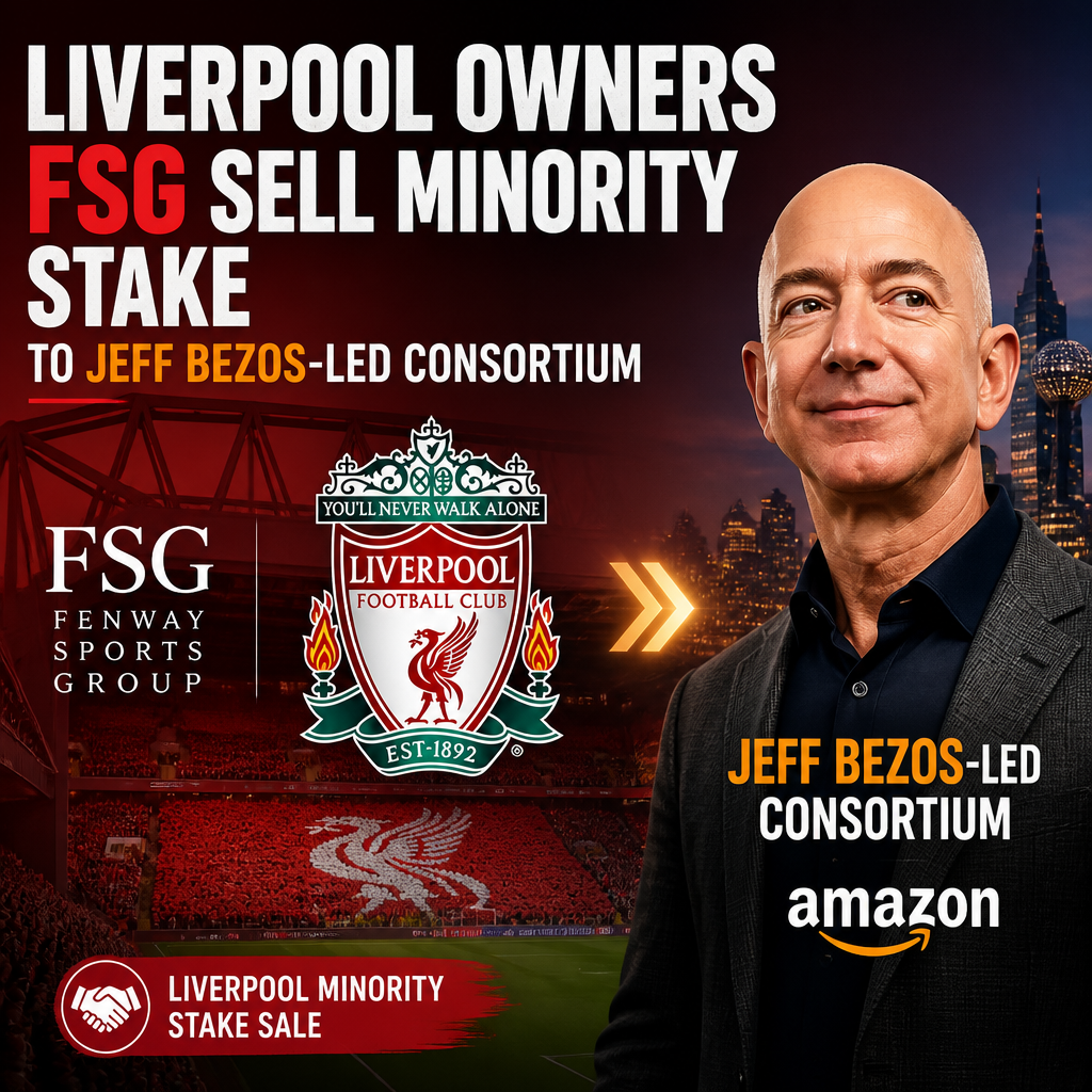 Liverpool owners Fenway Sports Group shaking hands with Jeff Bezos-led consortium in a business setting.