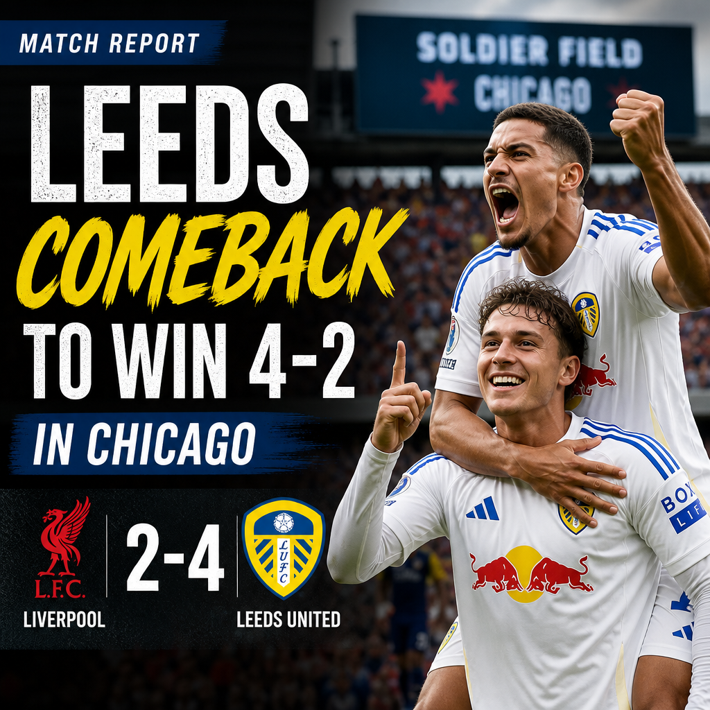 Leeds United players celebrate their 4-2 comeback win against Liverpool at Soldier Field in Chicago.