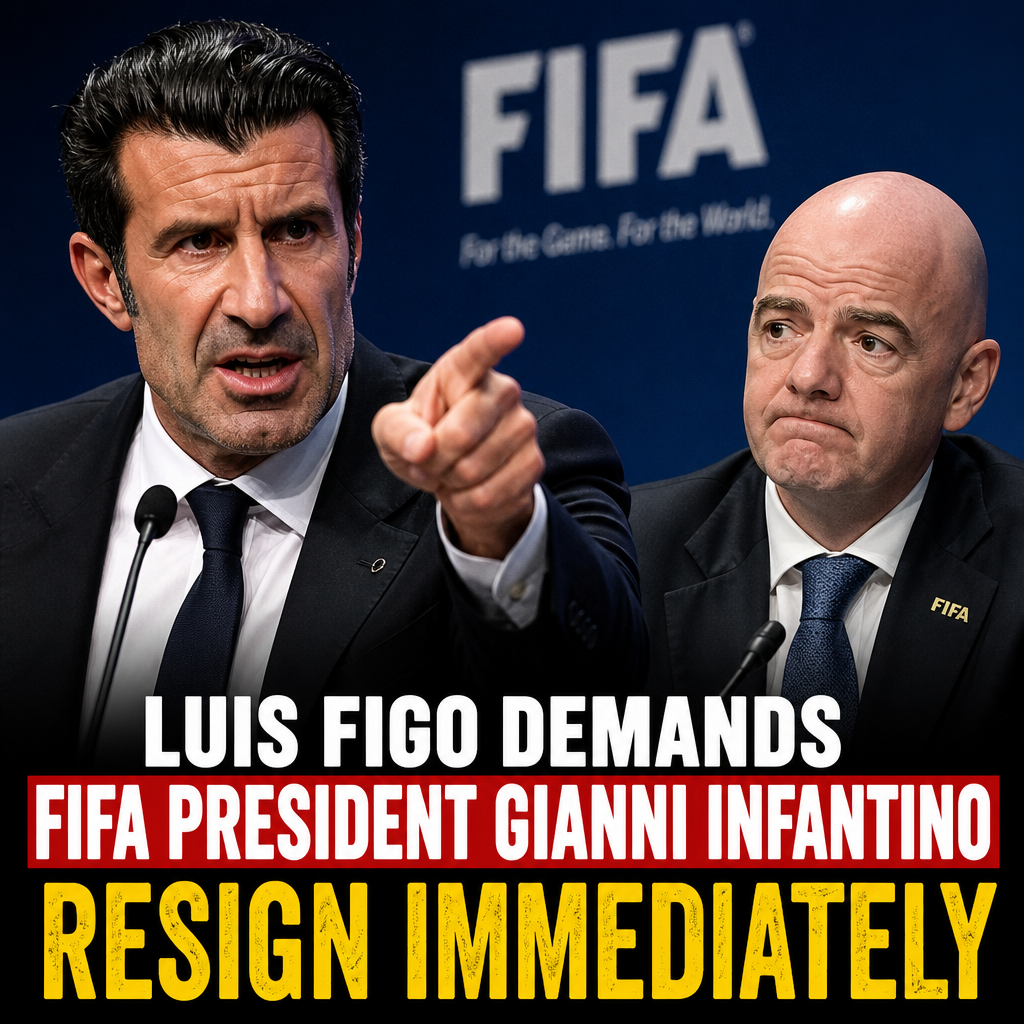 Luis Figo speaking passionately at a press conference demanding FIFA President Gianni Infantino resign.
