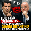 Luis Figo speaking passionately at a press conference, demanding FIFA President Gianni Infantino resign.