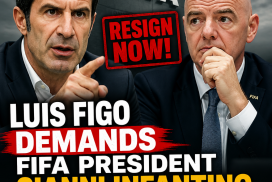 Luis Figo speaking passionately at a press conference, demanding FIFA President Gianni Infantino resign.