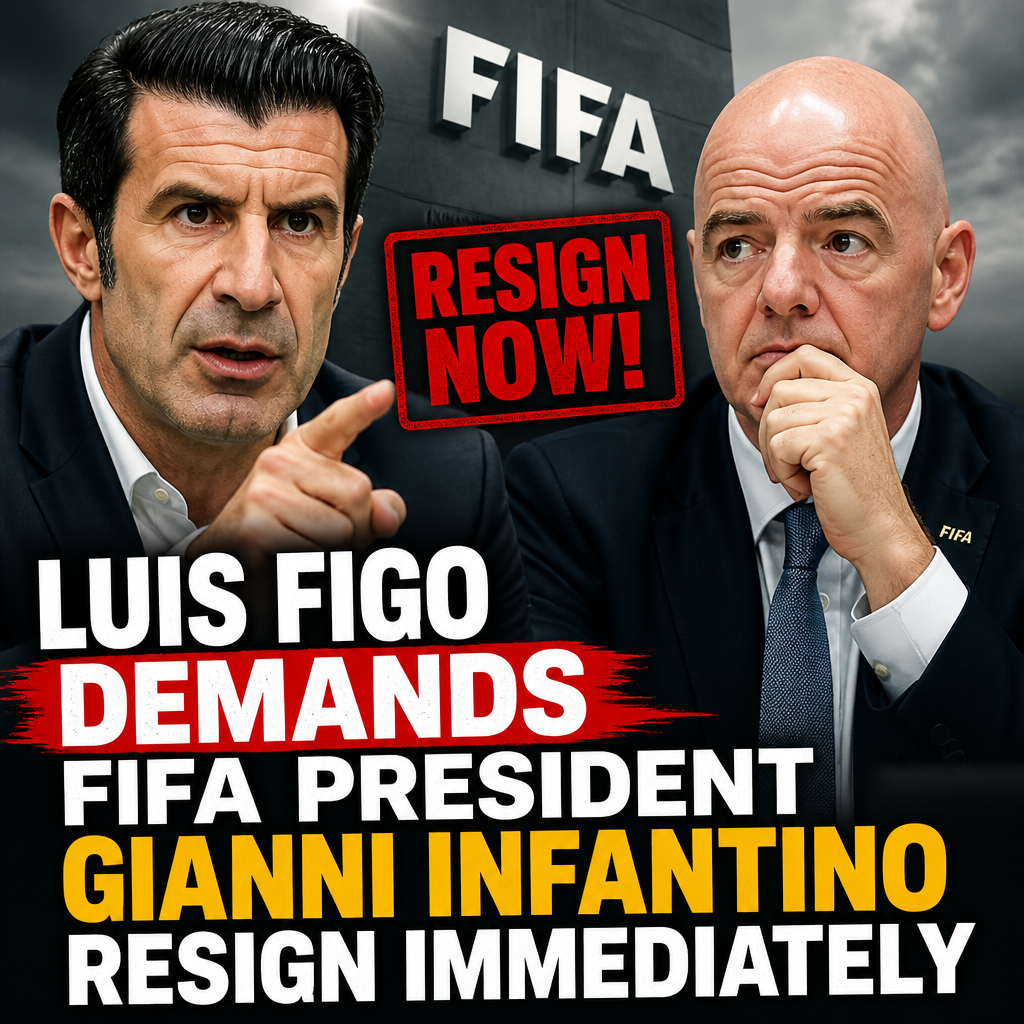 Luis Figo speaking passionately at a press conference, demanding FIFA President Gianni Infantino resign.