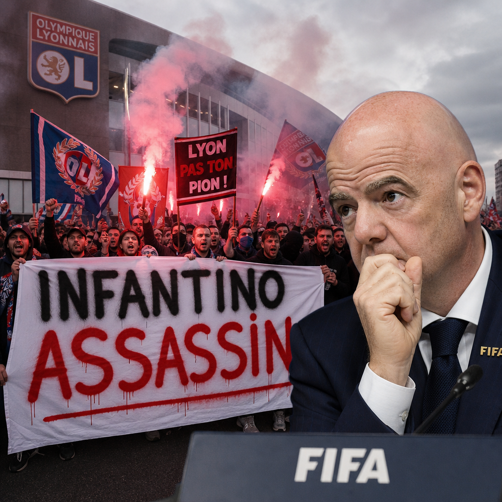 Protesters outside Lyon stadium hold a banner accusing FIFA president Gianni Infantino of being an assassin.
