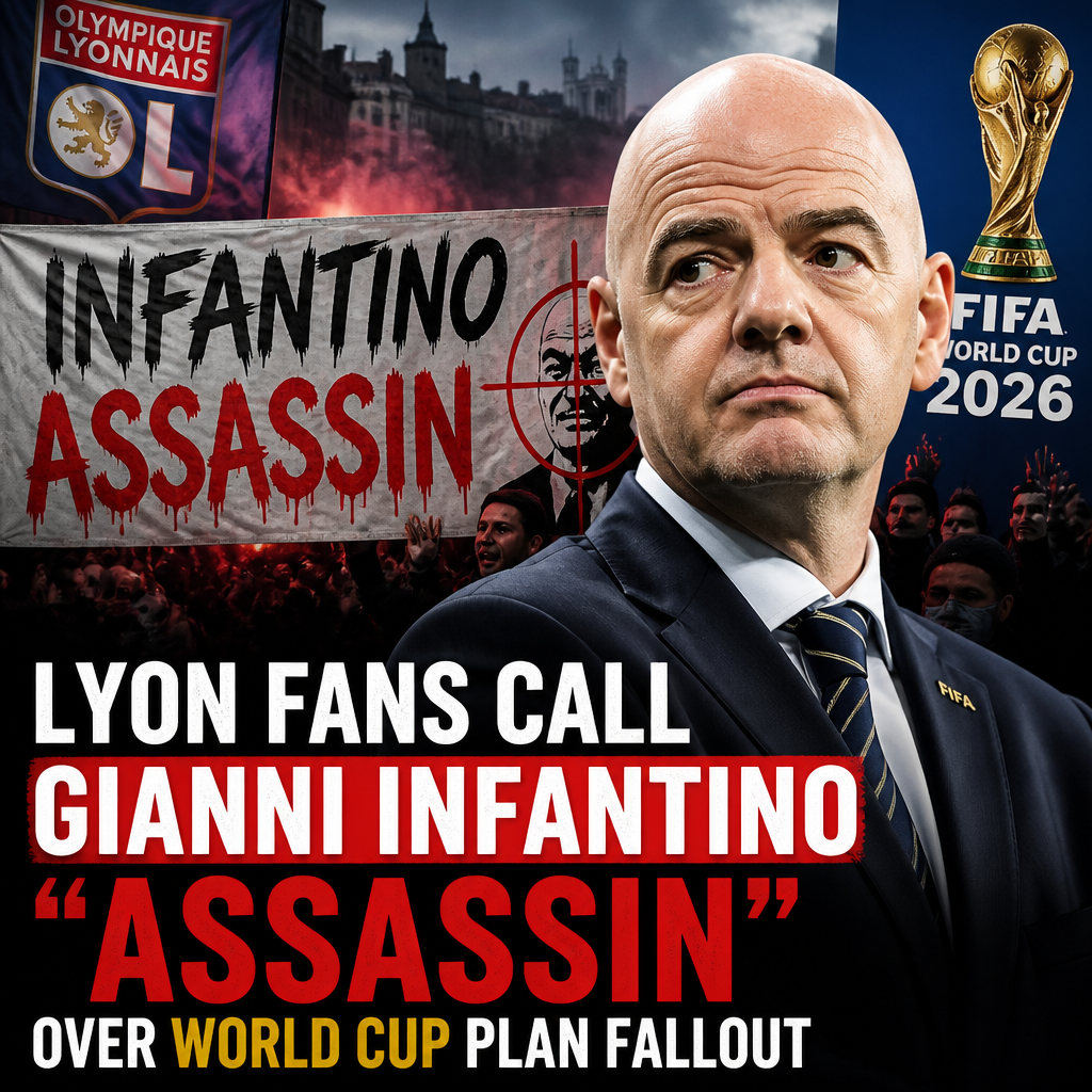 Lyon football fans holding signs protesting FIFA president Gianni Infantino, calling him "assassin."