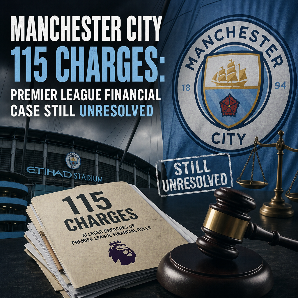 Manchester City club crest with text highlighting 115 unresolved Premier League financial charges.