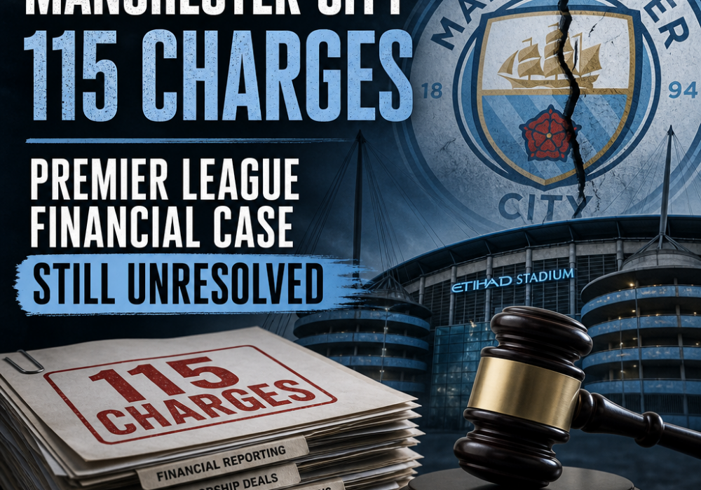 Manchester City logo with text highlighting 115 unresolved Premier League financial charges.