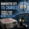 Manchester City logo with text highlighting 115 unresolved Premier League financial charges.