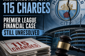 Manchester City logo with text highlighting 115 unresolved Premier League financial charges.