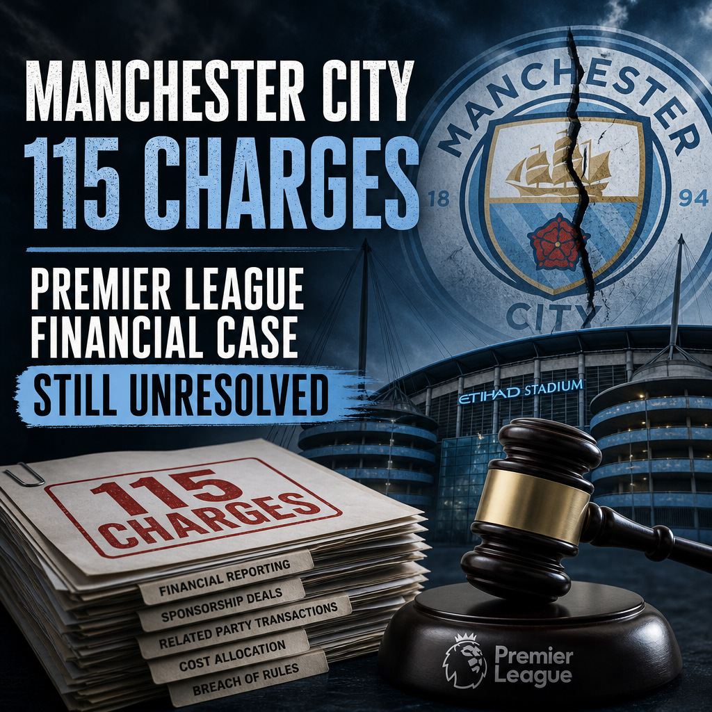 Manchester City logo with text highlighting 115 unresolved Premier League financial charges.