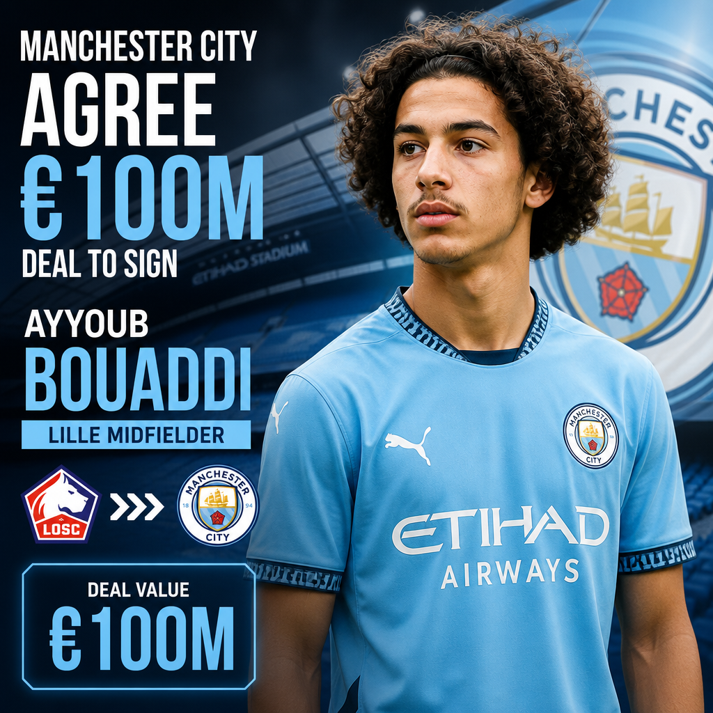 Manchester City and Lille officials shake hands as they finalize a €100 million deal for midfielder Ayyoub Bouaddi.