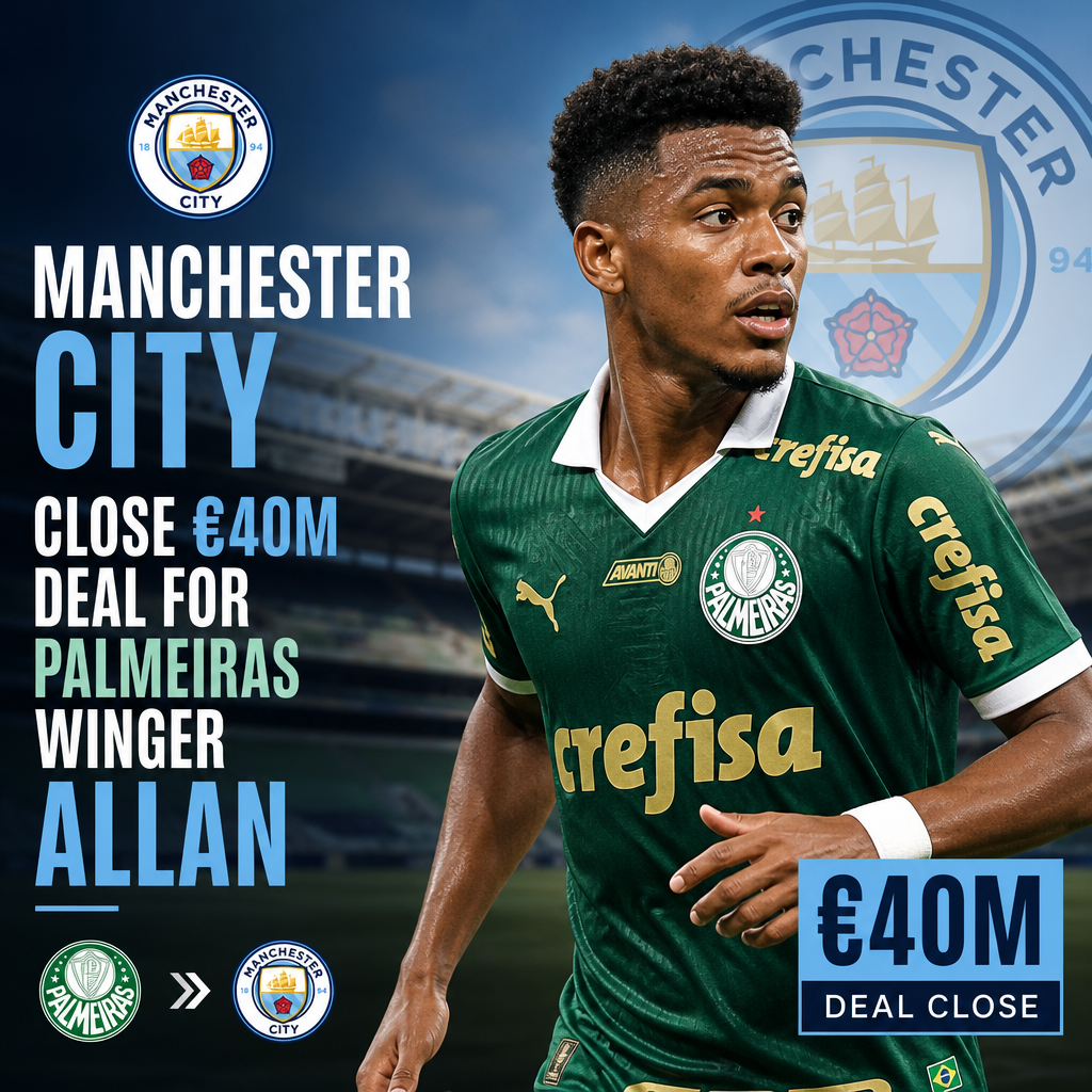 Manchester City and Palmeiras officials shake hands near a football pitch during a transfer negotiation.