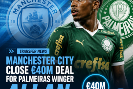 Manchester City players celebrate as they near a €40 million deal for Palmeiras winger Allan.