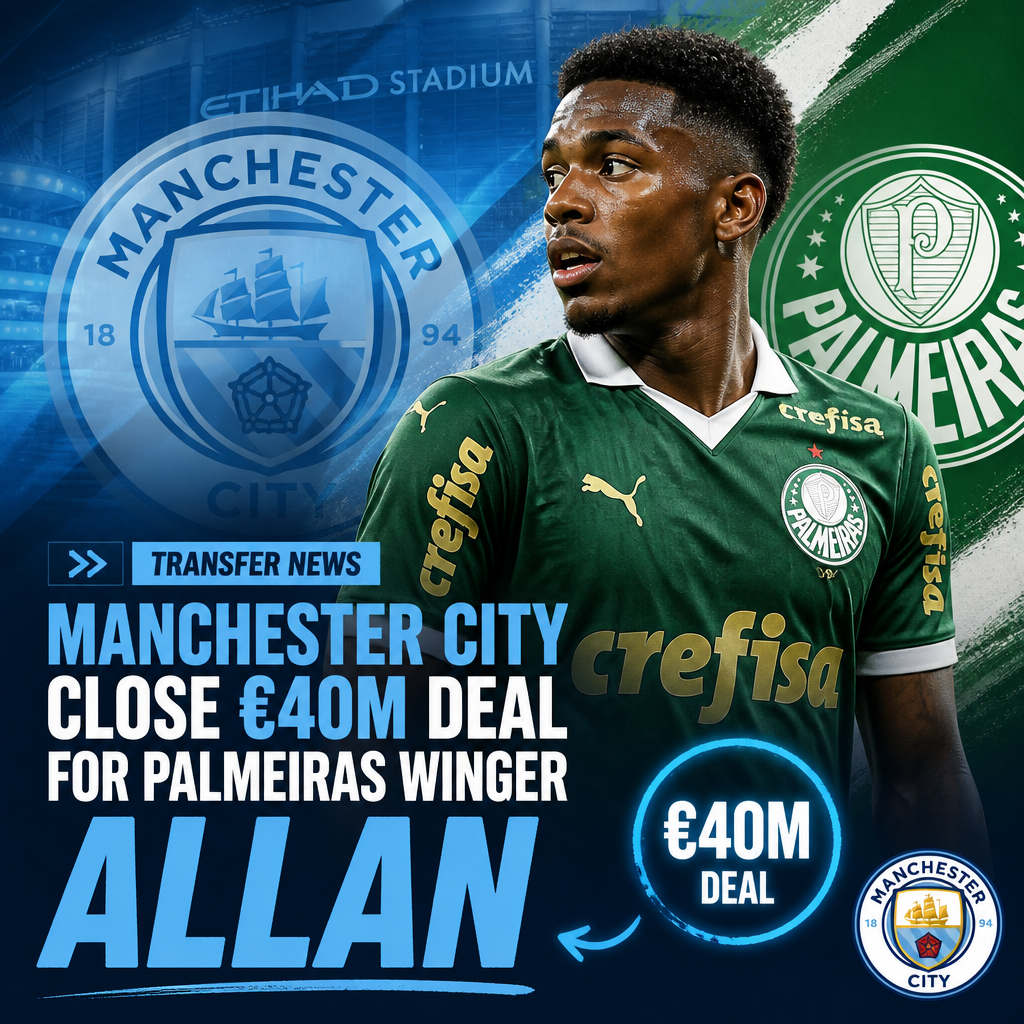 Manchester City players celebrate as they near a €40 million deal for Palmeiras winger Allan.