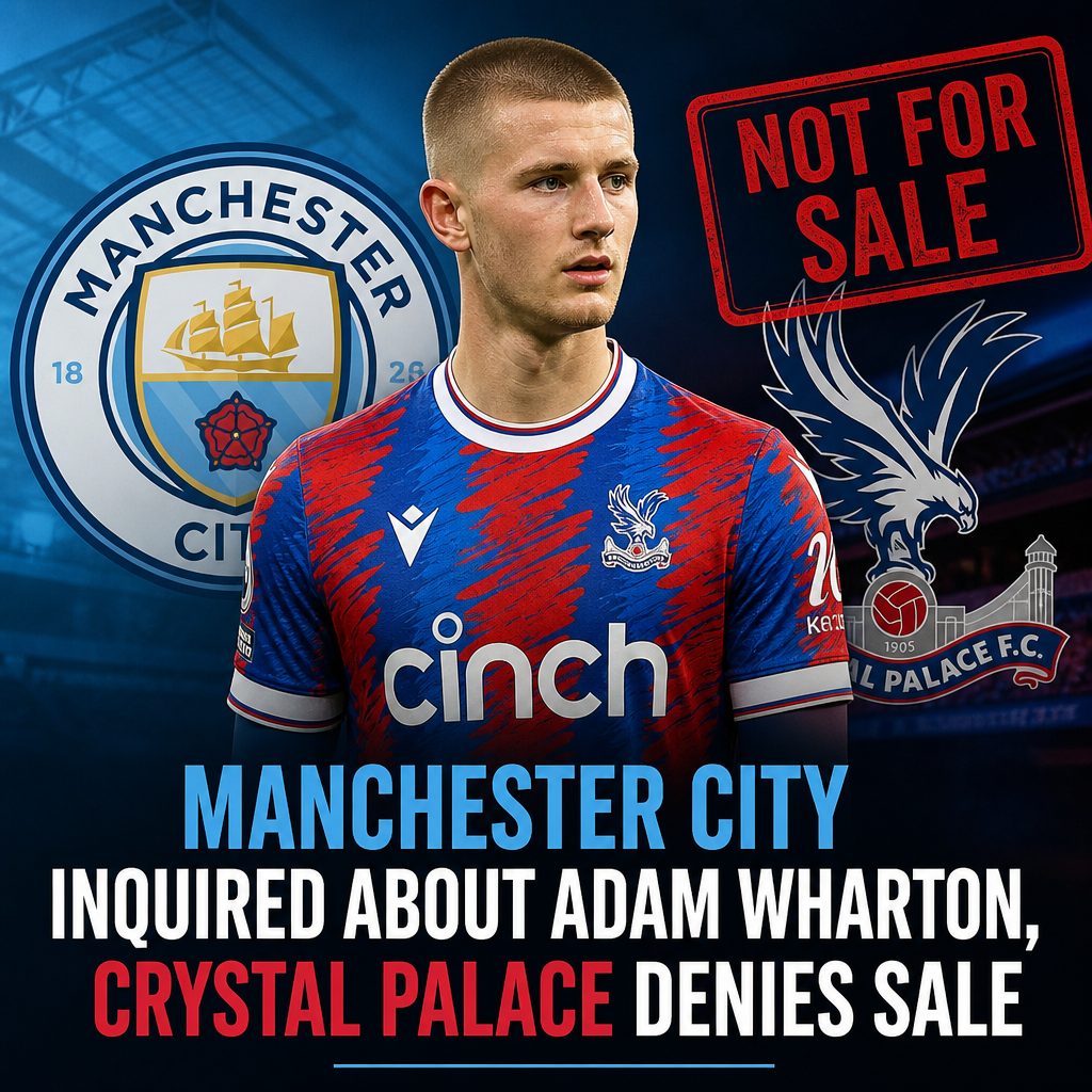 Adam Wharton in a black football kit, with Crystal Palace and Manchester City logos in background.