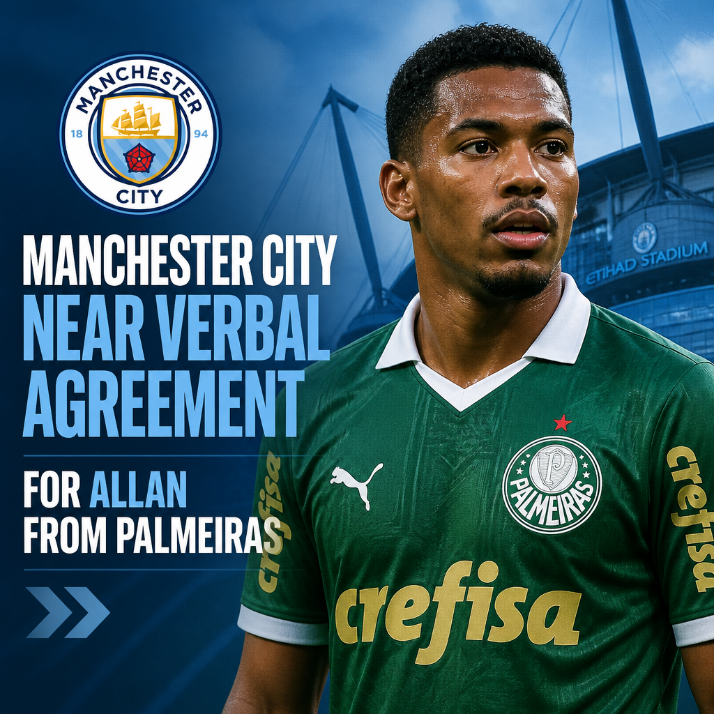 Manchester City and Allan from Palmeiras shake hands during a contract discussion on the soccer field.