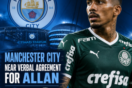 Soccer players from Manchester City and Palmeiras competing during a match, with Allan in action.