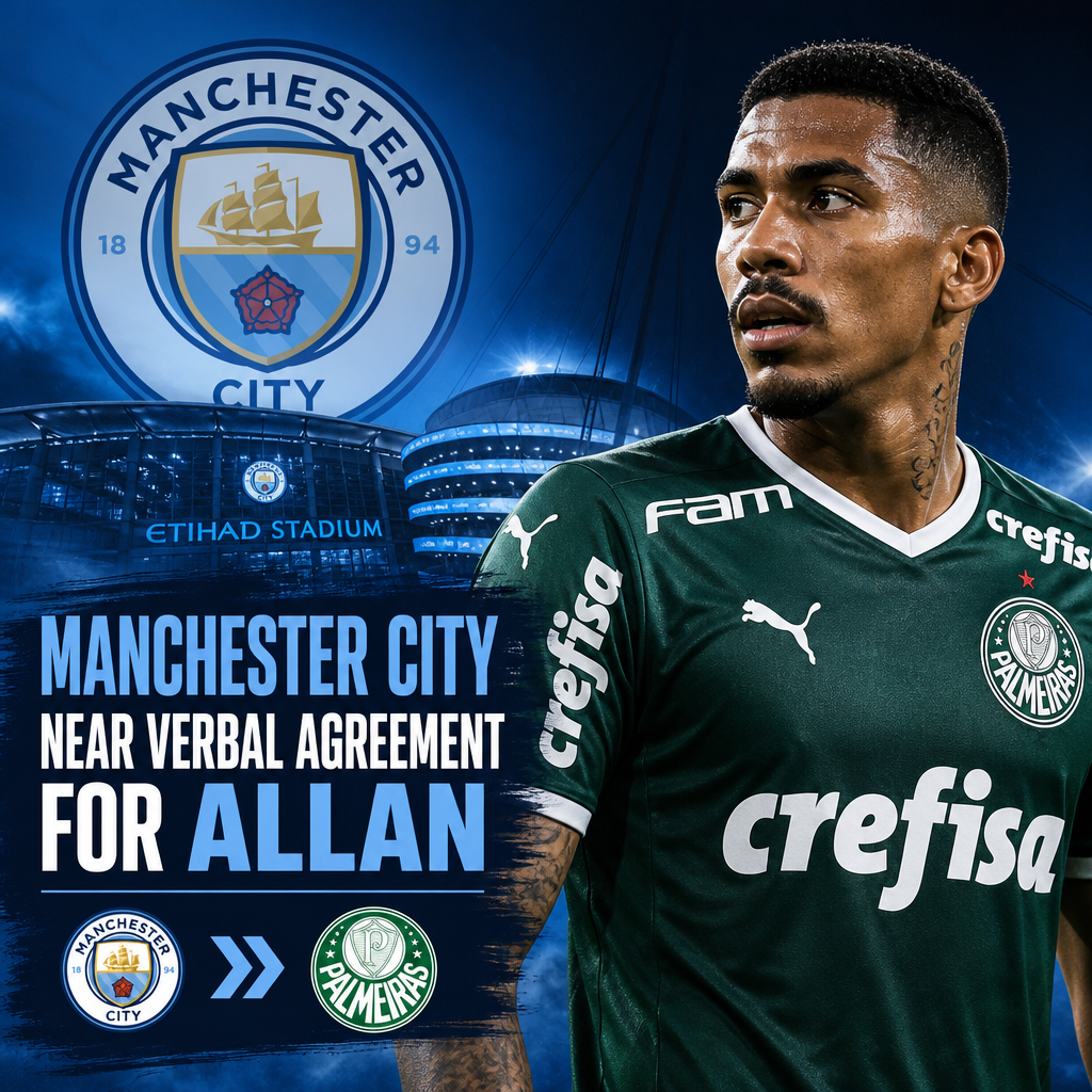 Soccer players from Manchester City and Palmeiras competing during a match, with Allan in action.