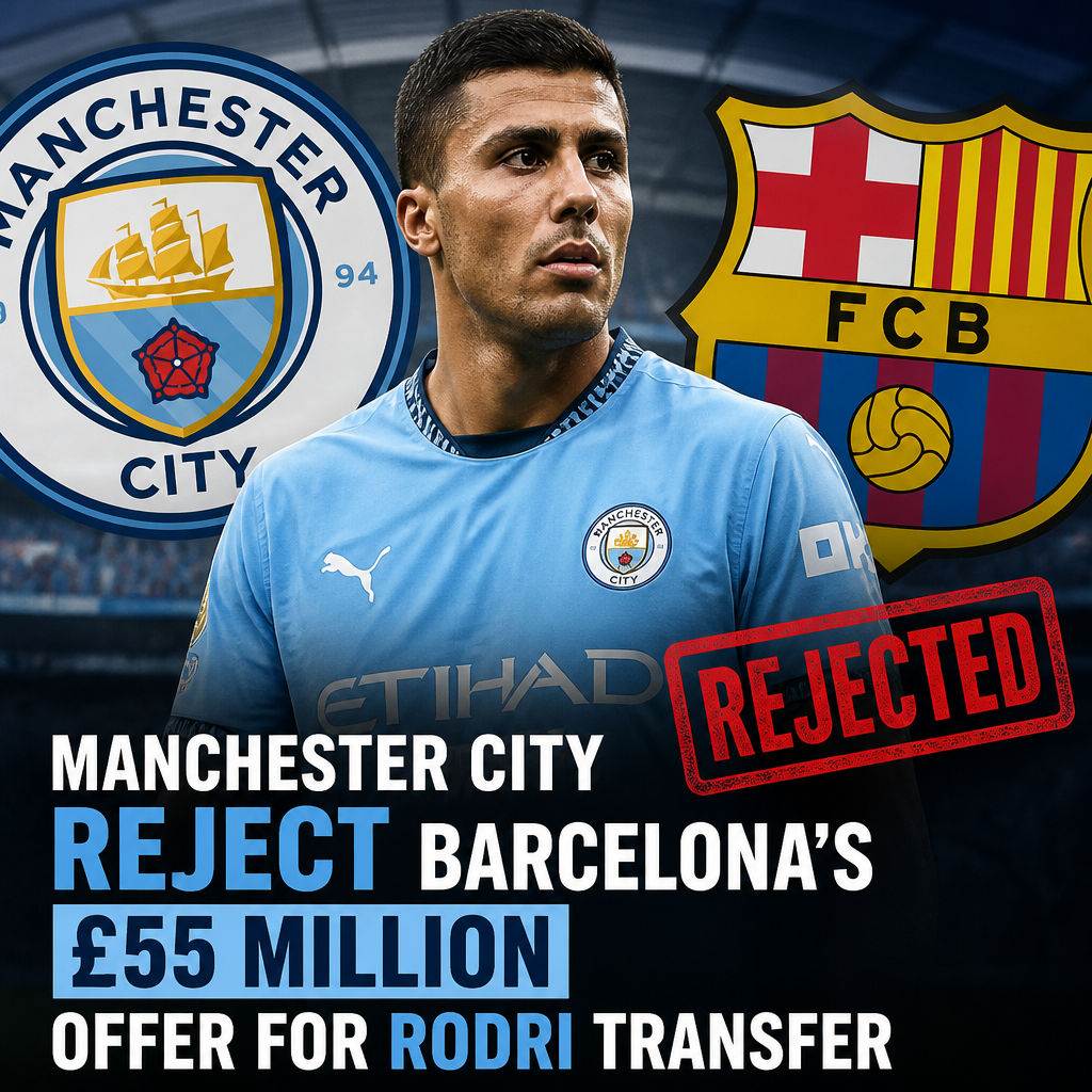 Rodri in Manchester City kit with text showing Barcelona's rejected £55 million transfer offer.