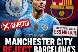 Rodri in Manchester City jersey with transfer negotiation graphics showing Barcelona's £55 million offer rejected.