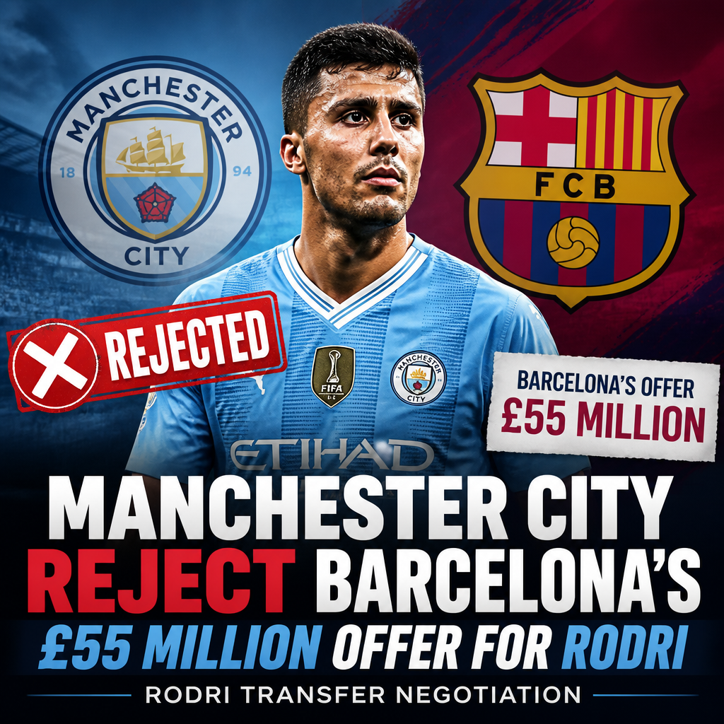 Rodri in Manchester City jersey with transfer negotiation graphics showing Barcelona's £55 million offer rejected.