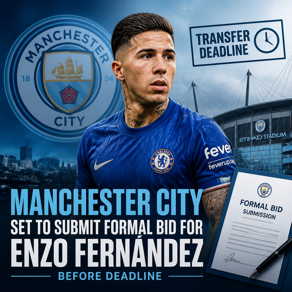 Manchester City logo alongside an image of Enzo Fernández in a Chelsea kit, highlighting a potential transfer bid.