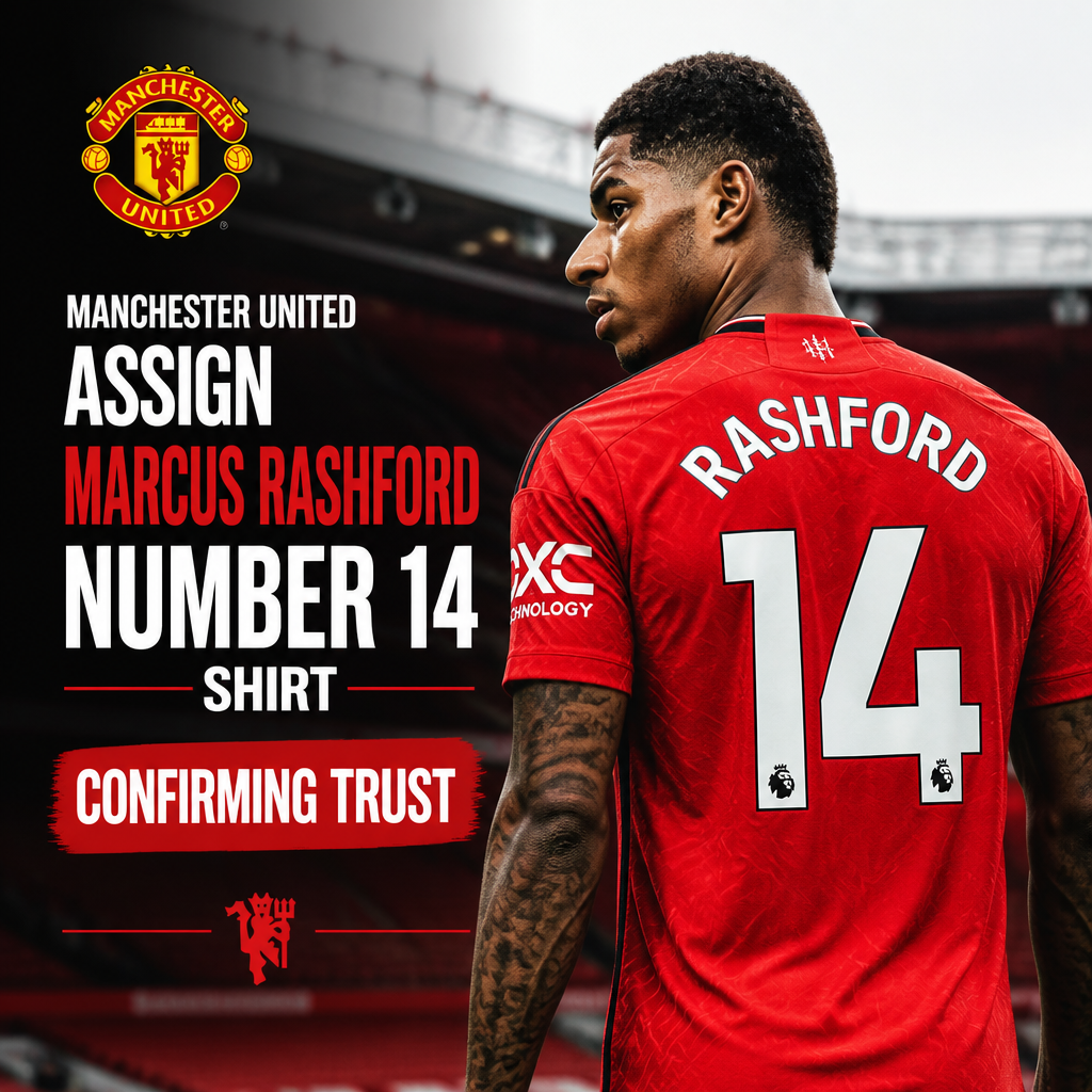 Marcus Rashford wearing Manchester United's number 14 shirt on the pitch during a match.