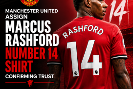 Marcus Rashford in Manchester United kit holding up the number 14 shirt with club emblem.