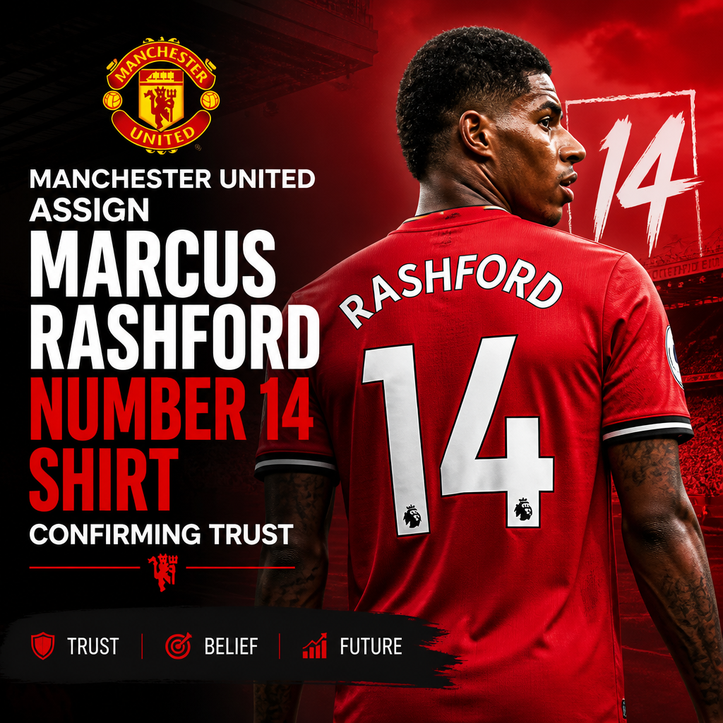 Marcus Rashford in Manchester United kit holding up the number 14 shirt with club emblem.