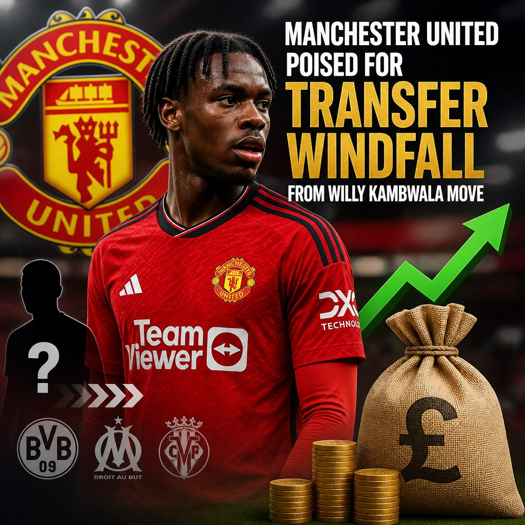 Willy Kambwala in Manchester United kit celebrating, symbolizing upcoming transfer profit for the club.