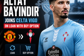Altay Bayindir in Manchester United kit holding a Celta Vigo jersey, smiling for the camera.