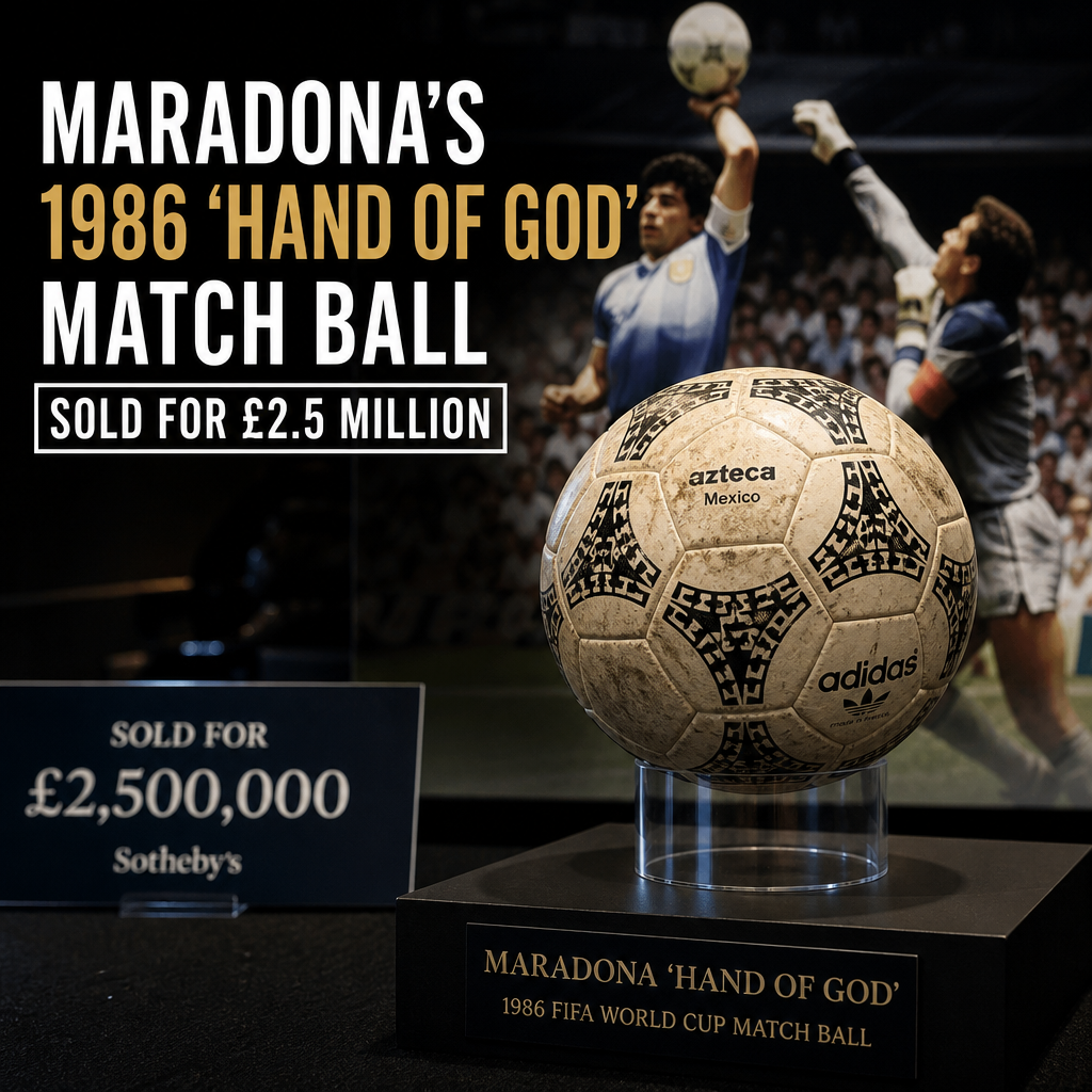 Maradona's 1986 'Hand of God' World Cup ball displayed on a pedestal at Sotheby's auction.