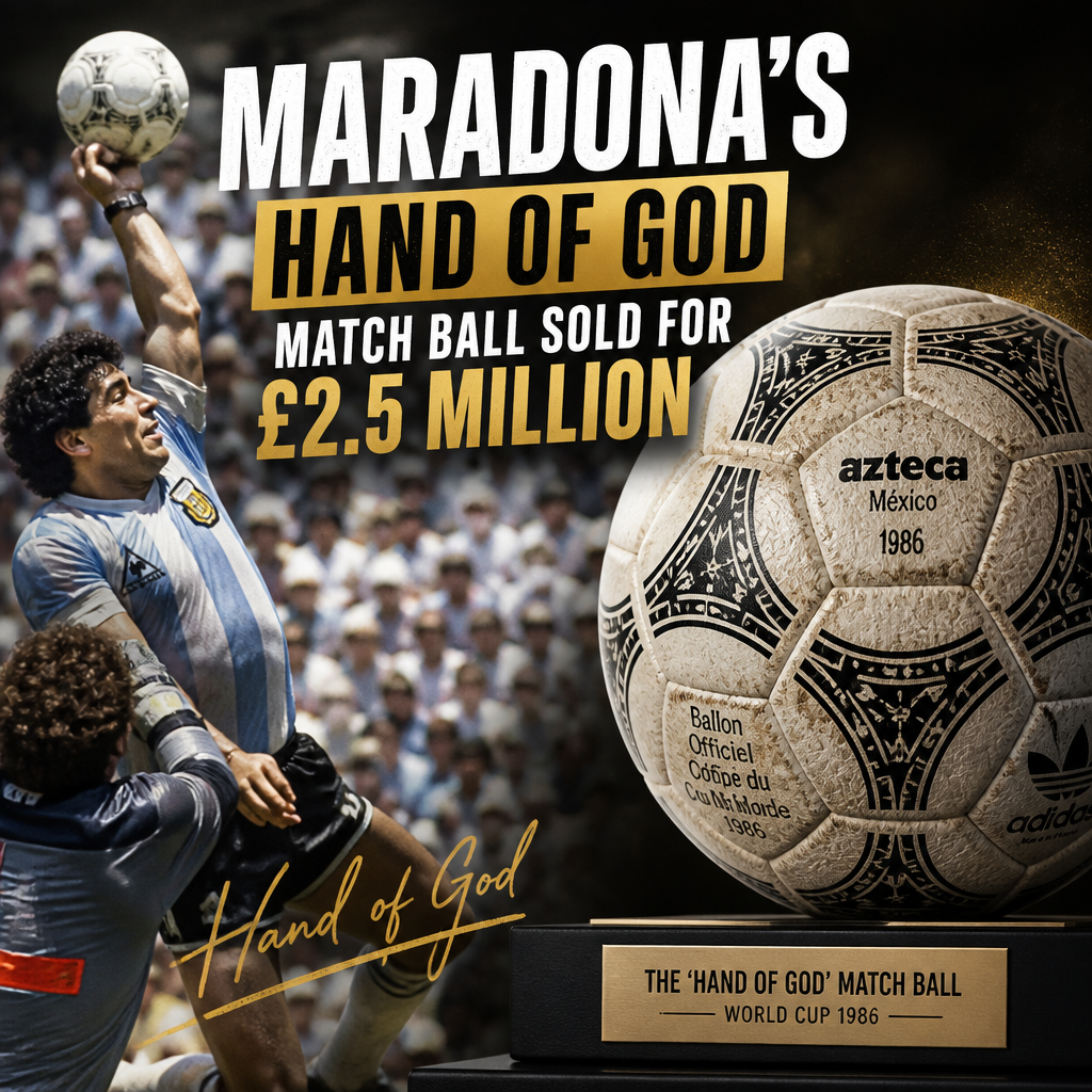 Diego Maradona's 1986 World Cup match ball with handprint, sold for £2.5 million.