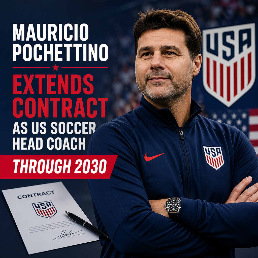 Mauricio Pochettino in a suit smiling and raising his hand at a press conference, celebrating contract extension as US Soccer