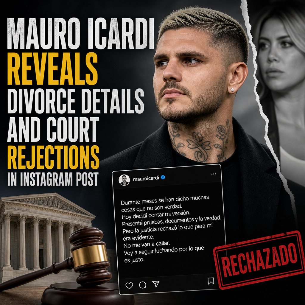 Mauro Icardi shares divorce details on Instagram with legal documents and a gavel in the background.