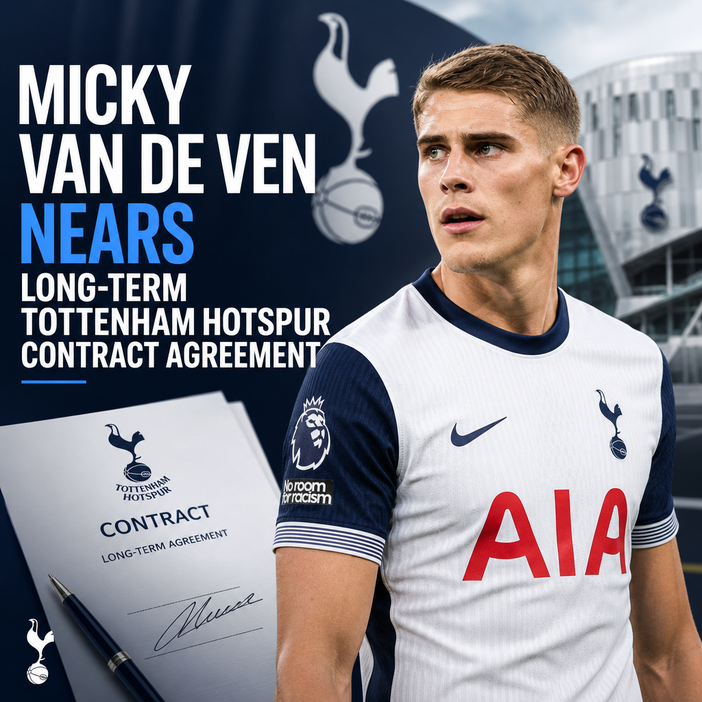 Micky van de Ven in Tottenham Hotspur kit, celebrating, with fans and stadium background.