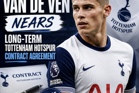 Micky van de Ven in Tottenham Hotspur kit, smiling and gesturing on the pitch during a match.