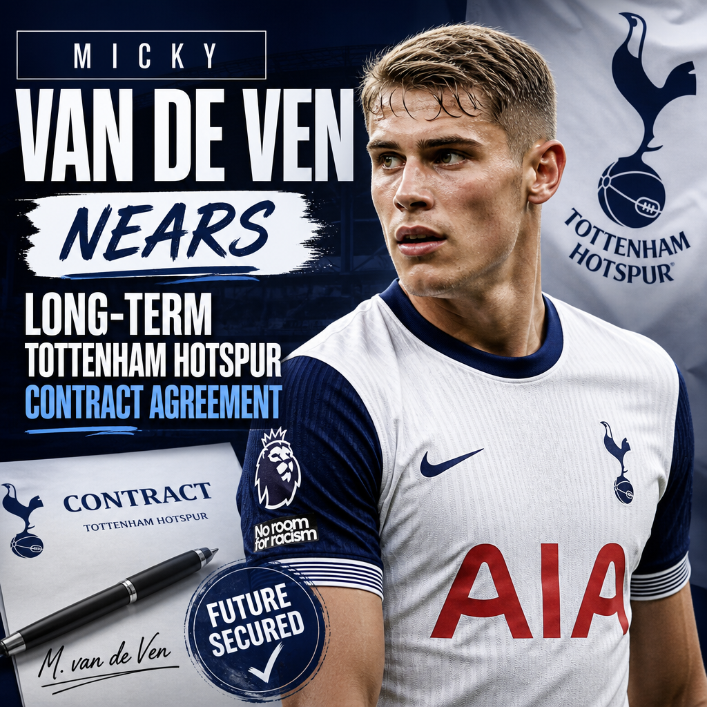 Micky van de Ven in Tottenham Hotspur kit, smiling and gesturing on the pitch during a match.