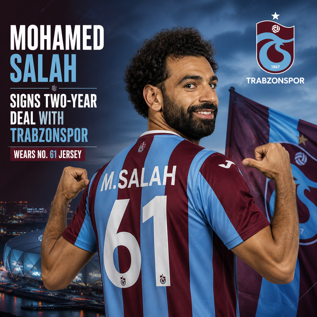Mohamed Salah signs a two-year deal with Trabzonspor, smiling and wearing the number 61 jersey.