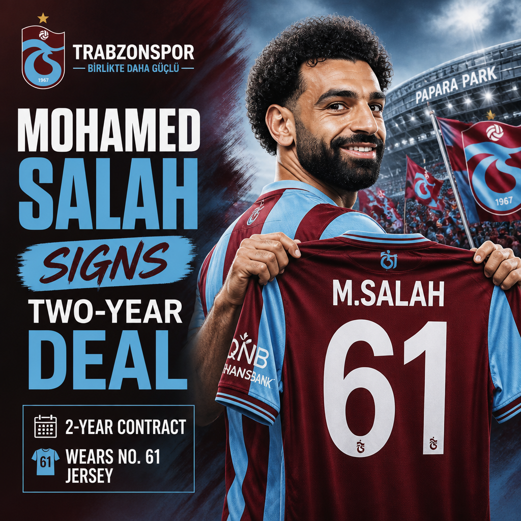 Mohamed Salah signs a two-year deal with Trabzonspor, wearing the club's number 61 jersey.