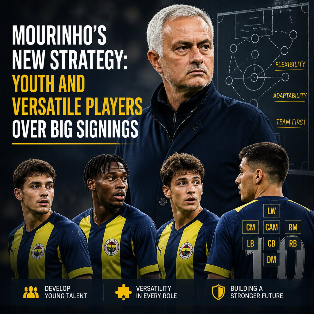 Football coach Mourinho discussing his new strategy prioritizing youth and versatile players over big signings.