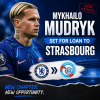 Mykhailo Mudryk in Chelsea kit, looking focused with stadium background, signaling loan move to Strasbourg amid suspension.